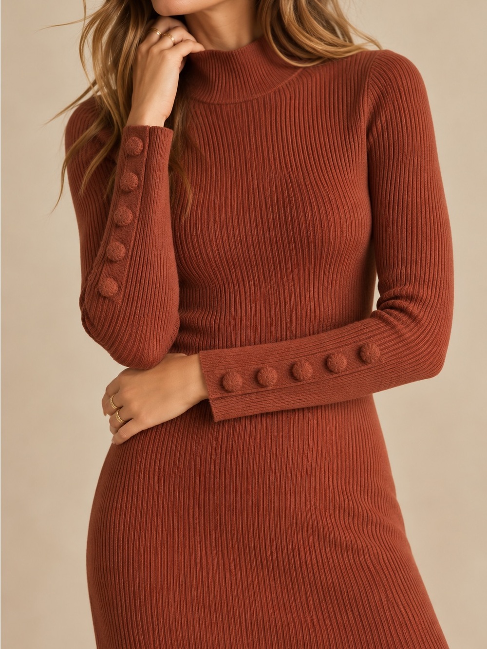 Sezane Holy Ribbed Mock Neck Long Sleeve Sweater Dress in Rust Caramel M